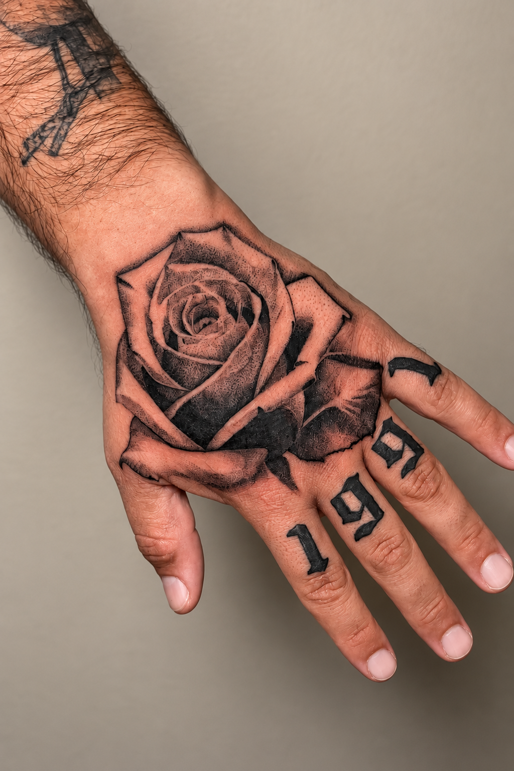 Black and gray rose tattoo across the back of a hand