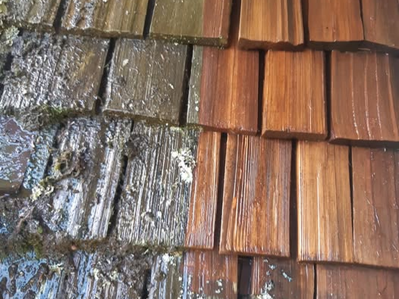 Cedar roof cleaning illustrating moss removal and roof condition