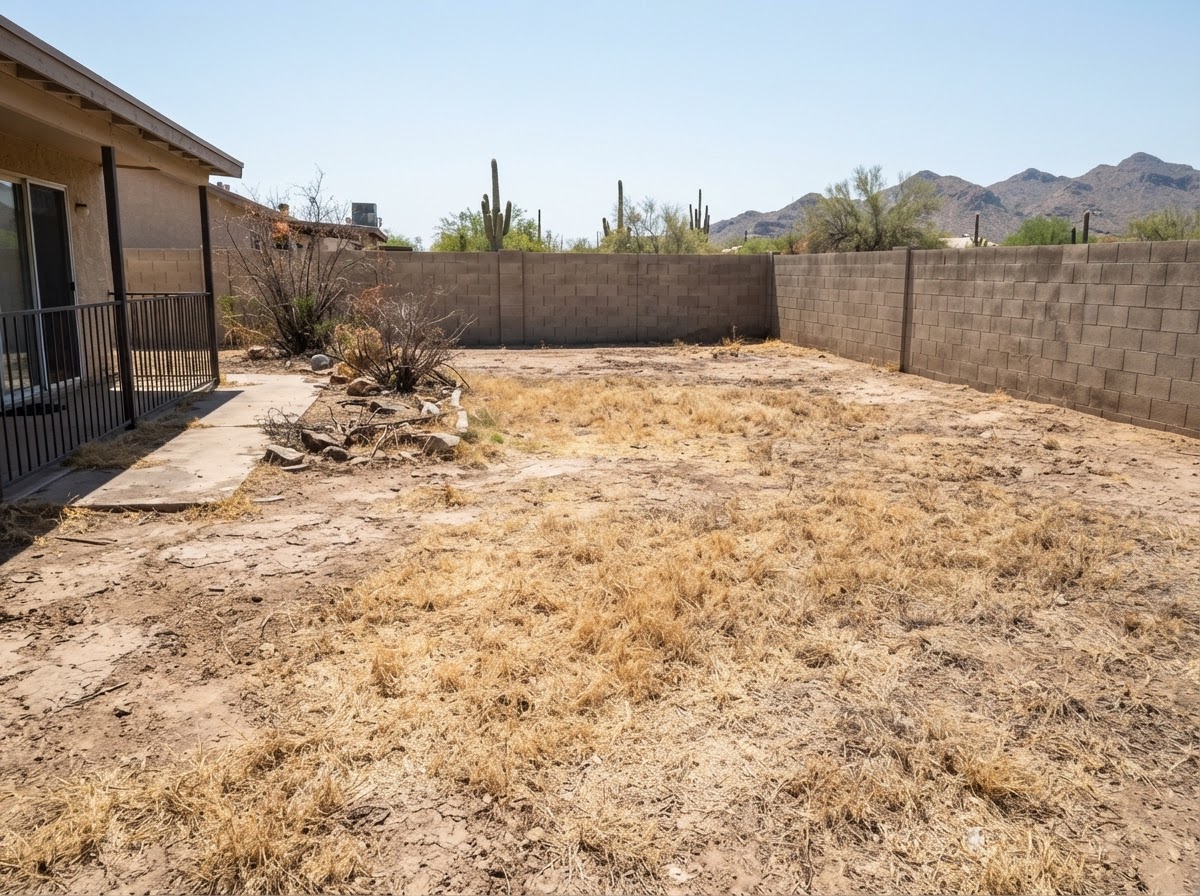 Before: dry, dead brown grass and bare dusty dirt in a Peoria Arizona backyard