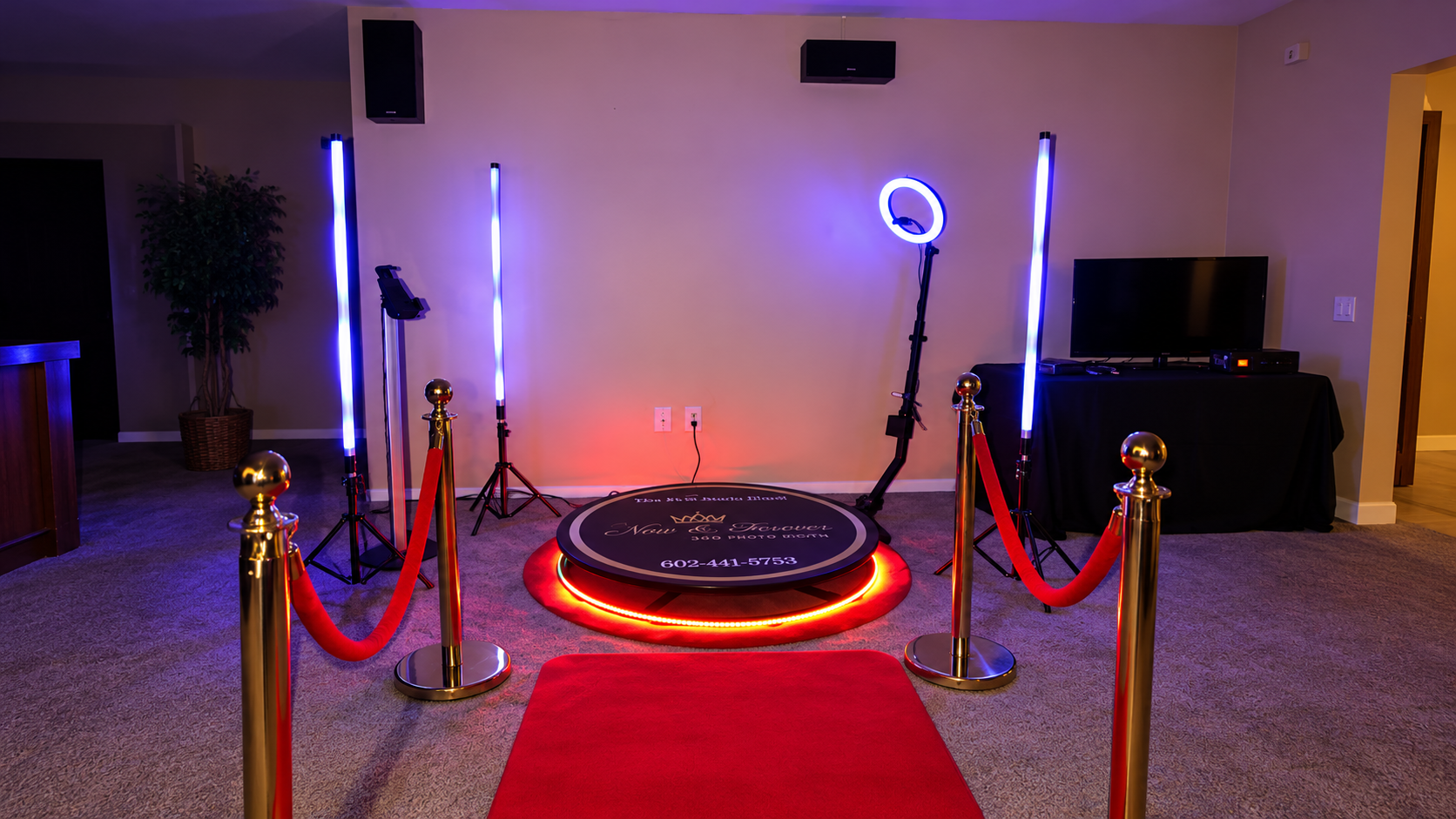 VIP Red Carpet setup with Now & Forever 360 photo booth platform and LED light columns
