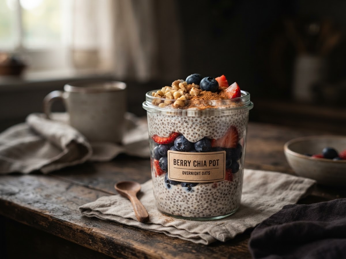 Overnight berry chia bowl with chia pudding, fresh berries, walnuts, and cinnamon