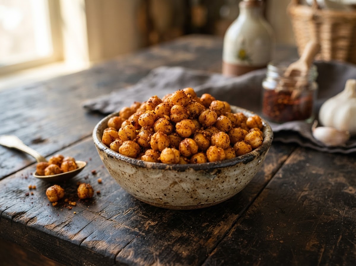 Crispy oil-free roasted chickpeas seasoned with smoked paprika in a ceramic bowl