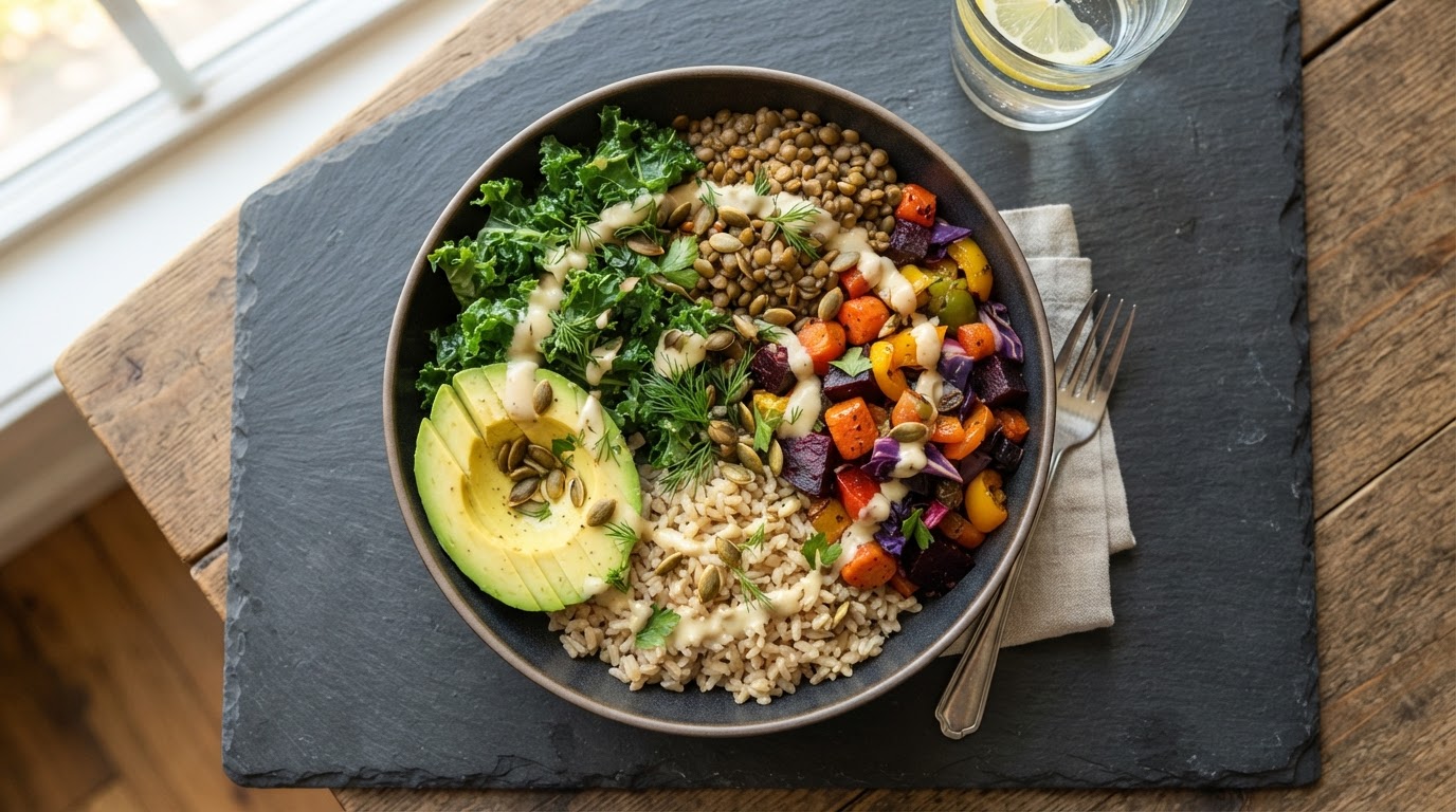 Signature NuFORM Bowl with brown rice, kale, lentils, roasted rainbow vegetables, avocado, and tahini sauce