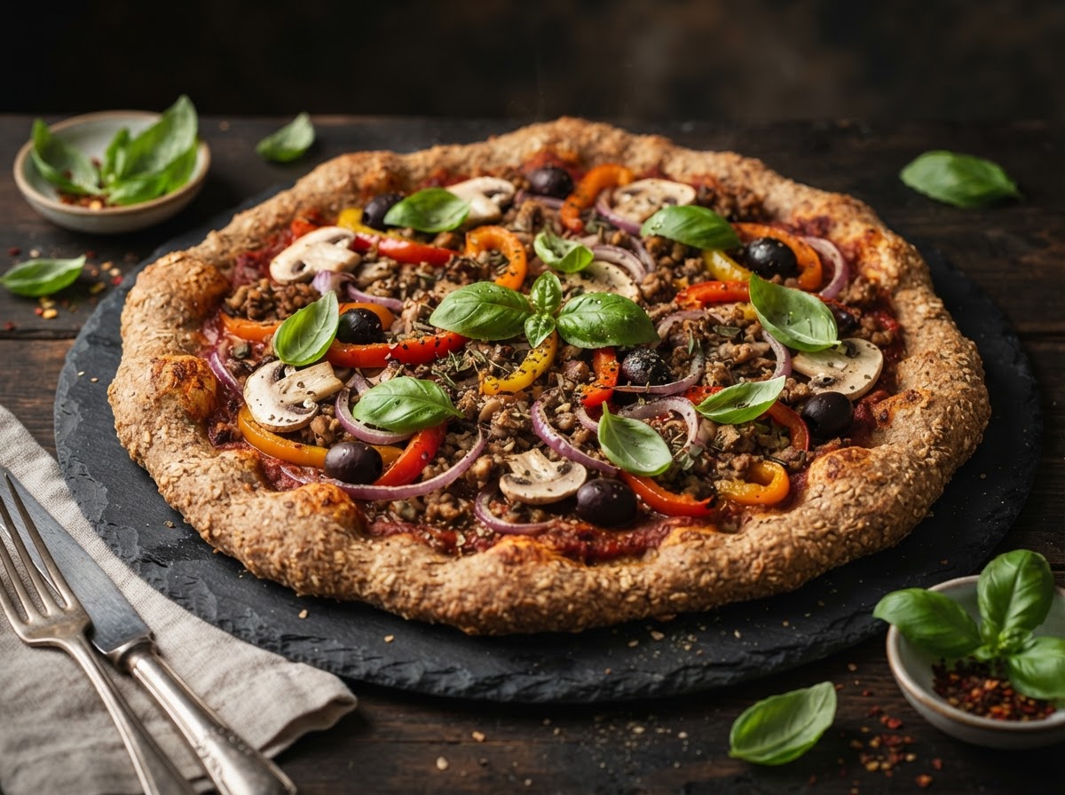 Sadeek's Signature NuFORM Pizza with oat-flour crust, oil-free tomato sauce, walnut-mushroom grounds, and vegetables