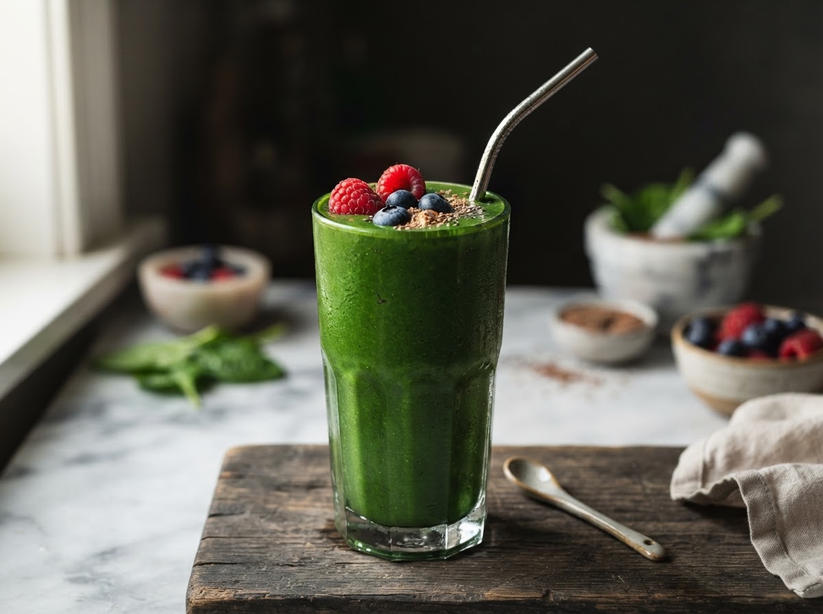 Vibrant green morning smoothie with spinach, banana, berries, and flaxseed