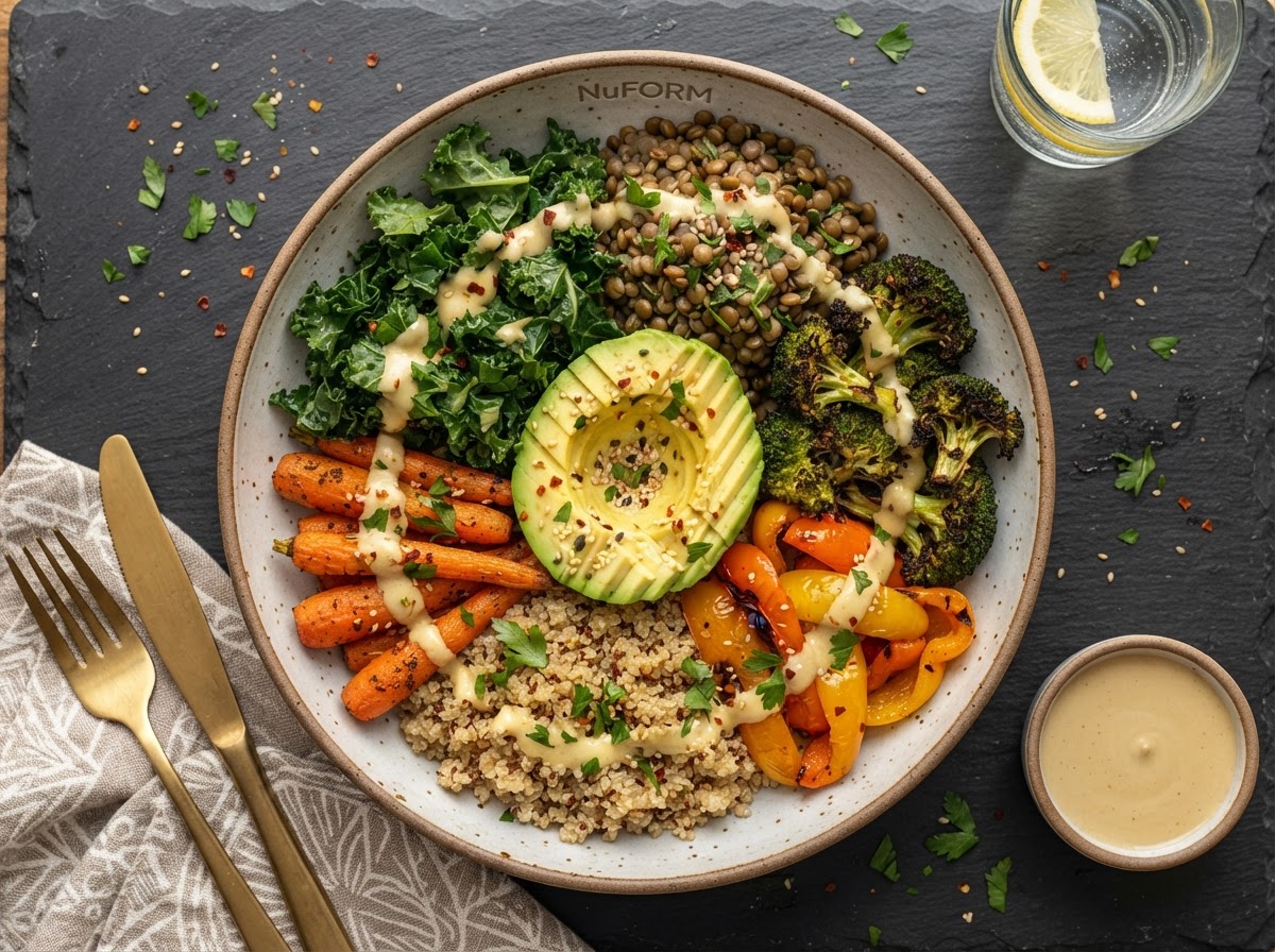 NuFORM Energy Bowl with quinoa, kale, lentils, roasted vegetables, avocado, and tahini sauce
