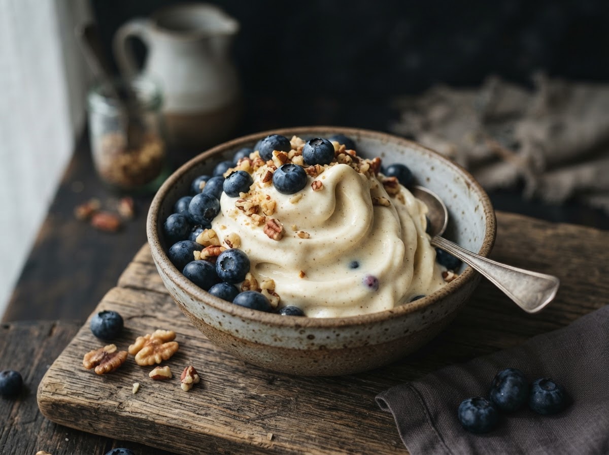 Creamy banana nice cream topped with fresh blueberries and crushed walnuts