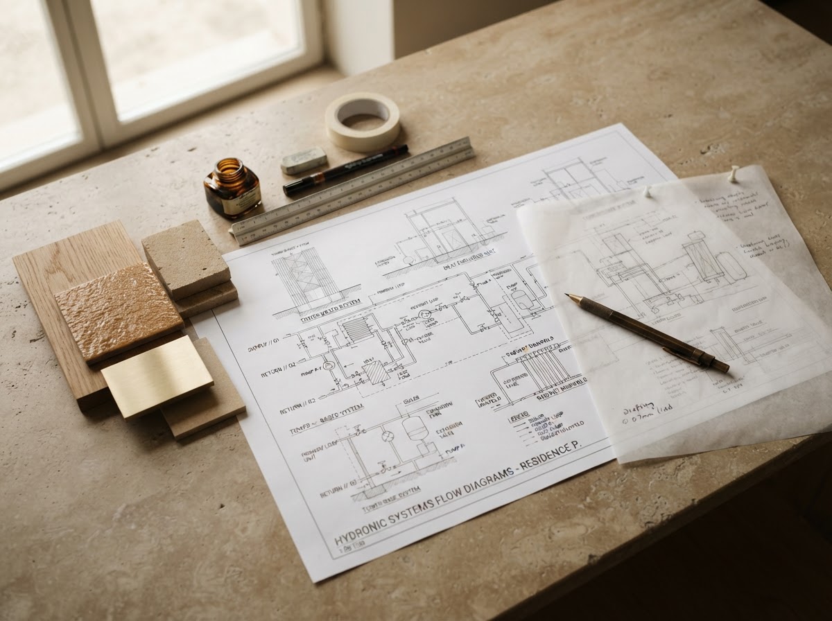 An architect's atelier worktable with ink systems diagrams and a bronze drafting pencil on warm stone