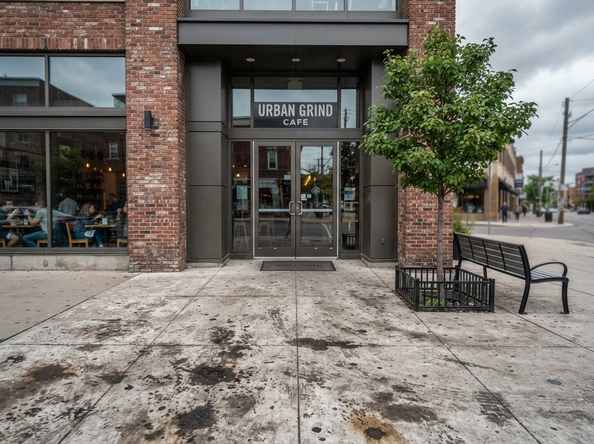 Dirty commercial walkway before pressure washing (demonstration)