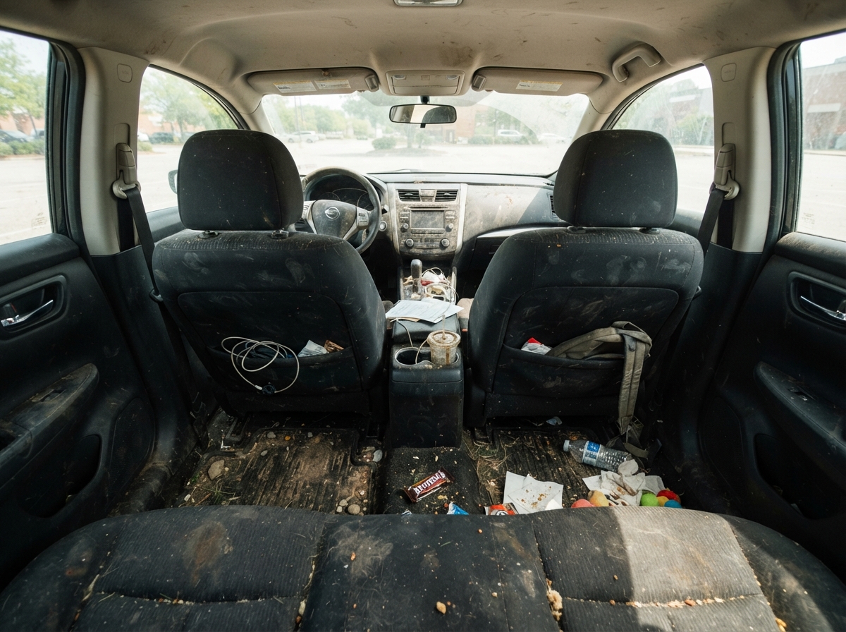 Dirty car interior before CR/V mobile detailing (demonstration)