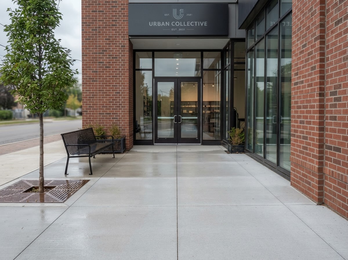 Clean commercial walkway after pressure washing (demonstration)