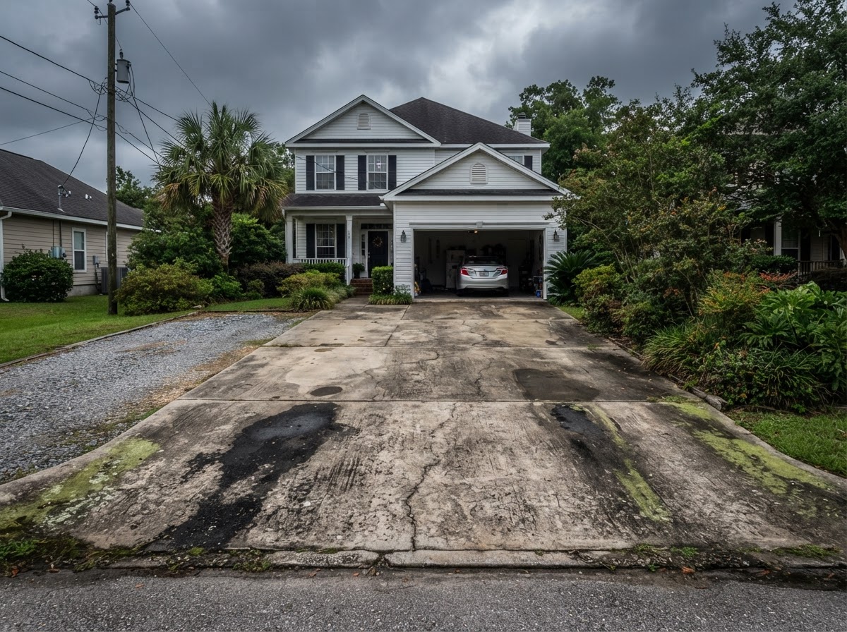 Stained driveway before pressure washing (demonstration)