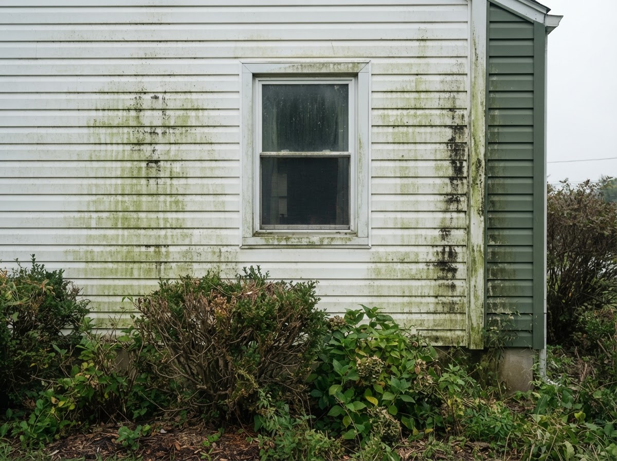 Algae-covered house siding before washing (demonstration)