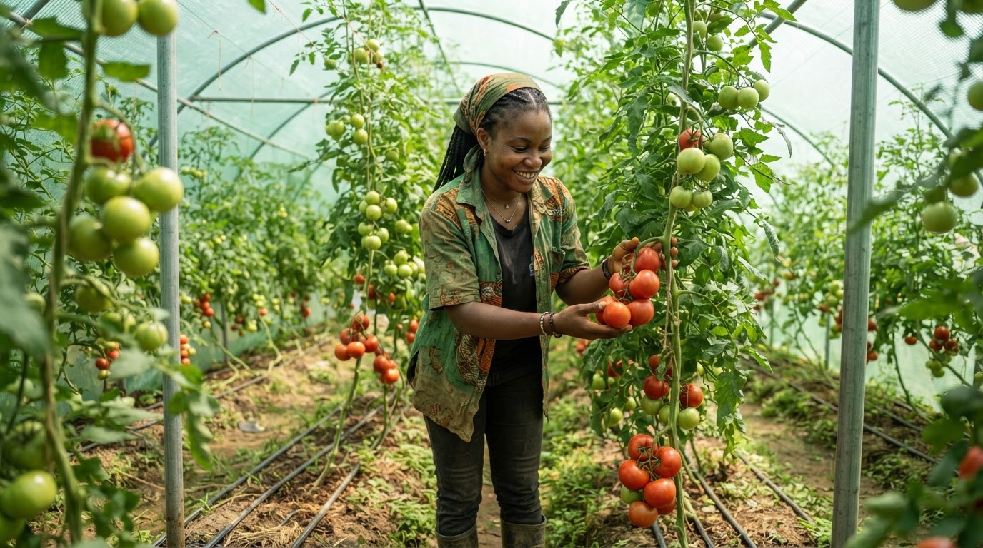Farmer inspecting tomatoes in poly-tunnel