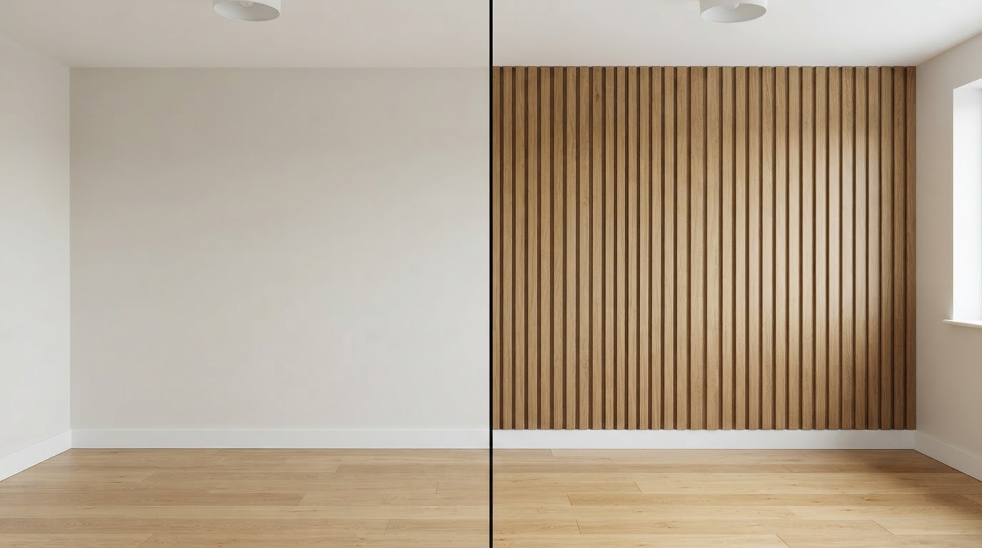 Before and after custom interior wall comparison — plain painted wall versus a wood-slat feature wall