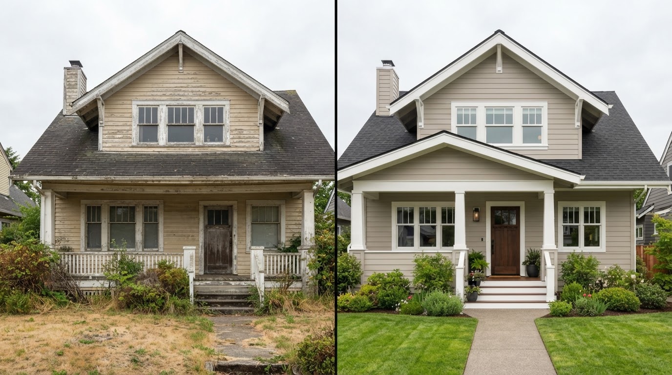 Before and after exterior painting comparison — weathered faded siding versus freshly painted exterior