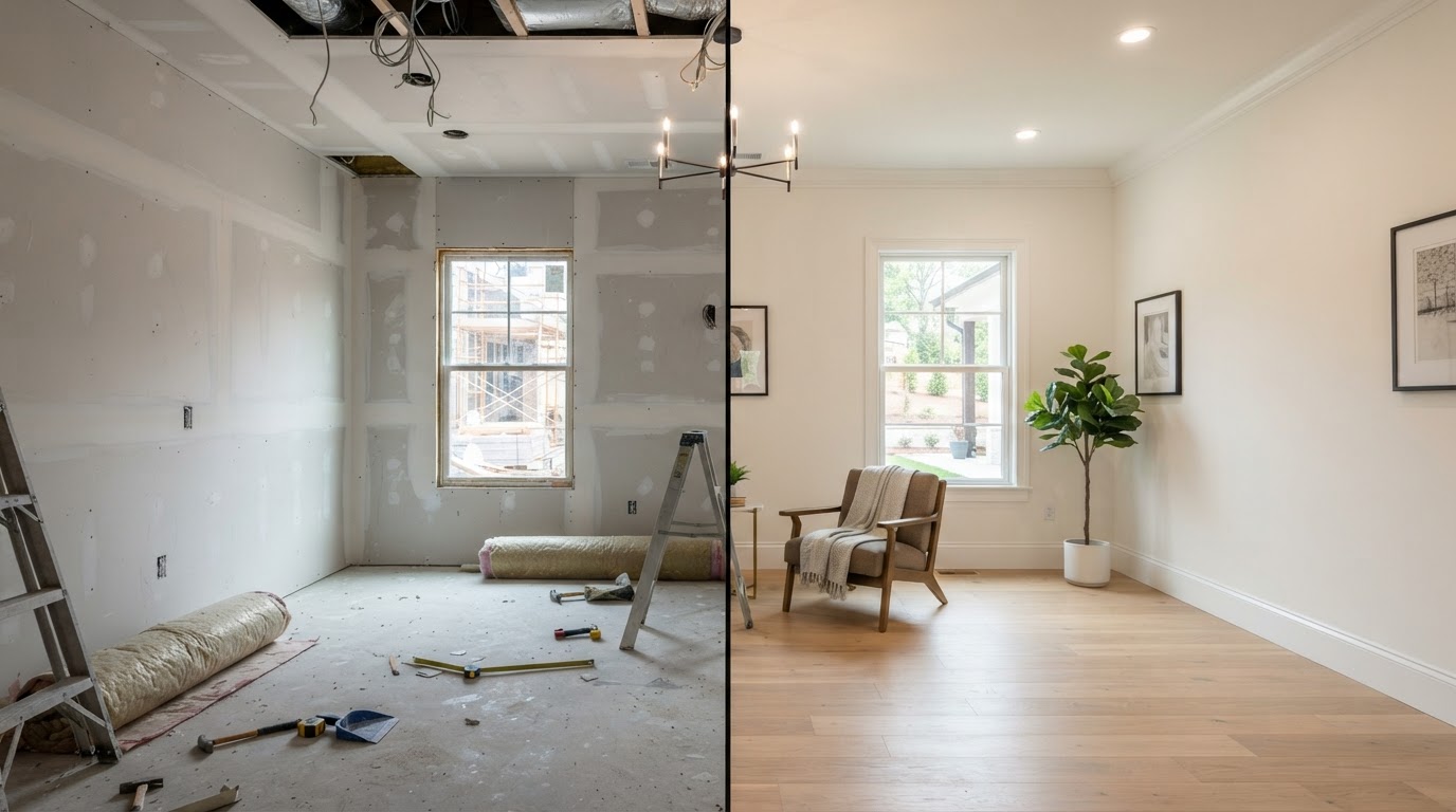 Before and after new-home finishing comparison — bare drywall construction stage versus finished move-in-ready interior