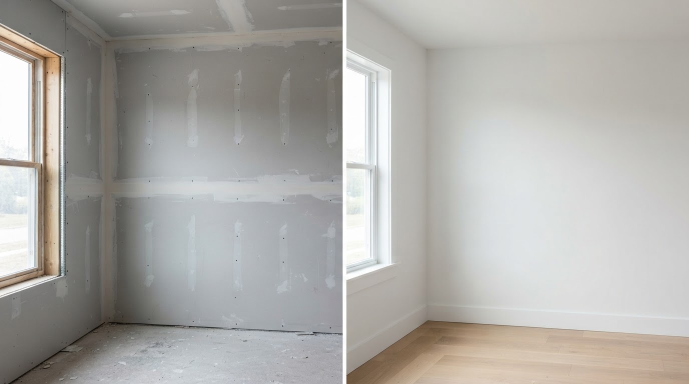 Before and after drywall installation and finishing comparison — unfinished drywall with visible joints versus smooth finished walls