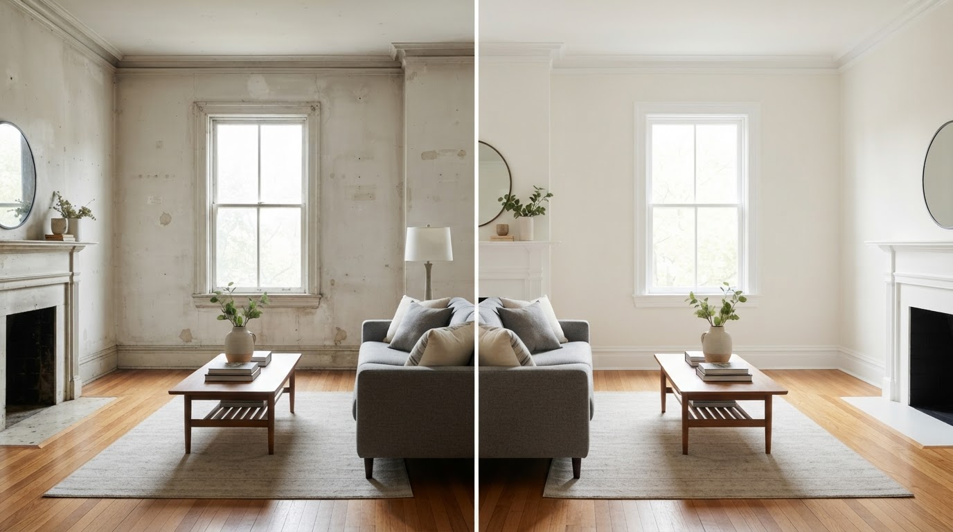 Before and after interior painting comparison — faded marked walls versus fresh professionally painted walls