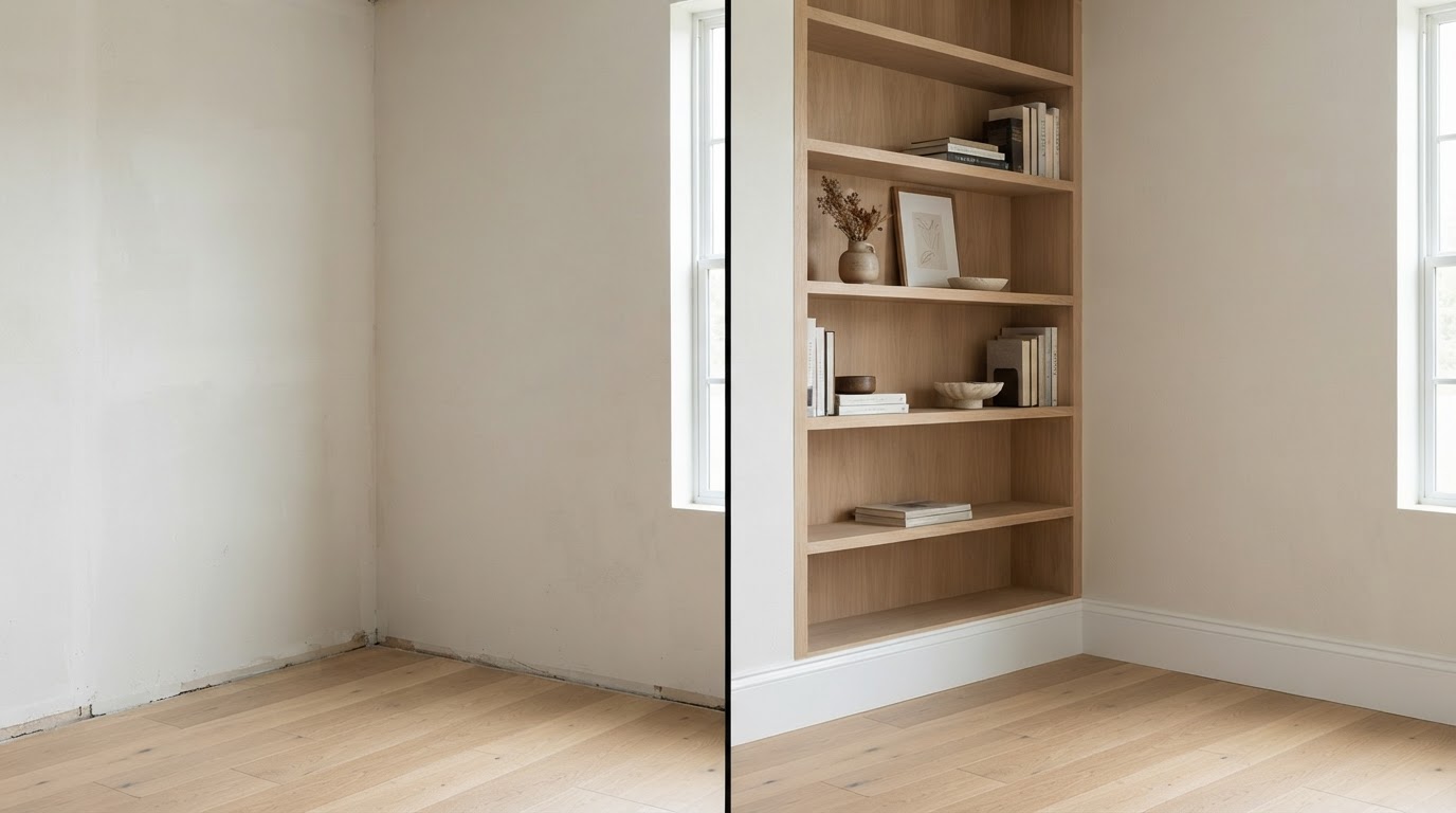 Before and after trim and custom shelving comparison — bare drywall joint versus installed trim and built-in shelving