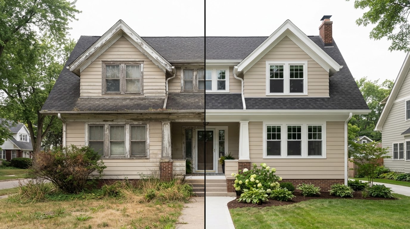 Before and after exterior renovation comparison — weathered damaged trim versus repaired and refreshed exterior