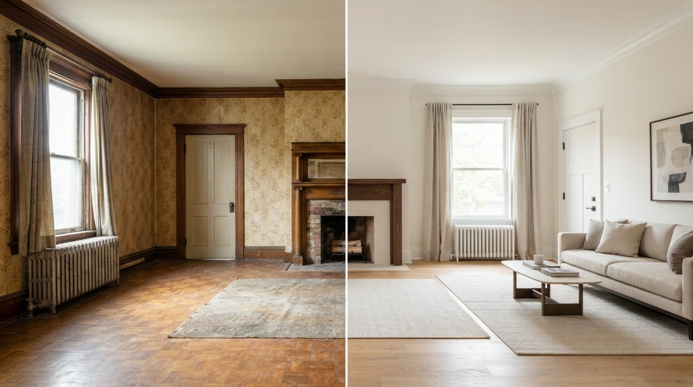 Before and after interior renovation comparison — outdated room versus refreshed modern space