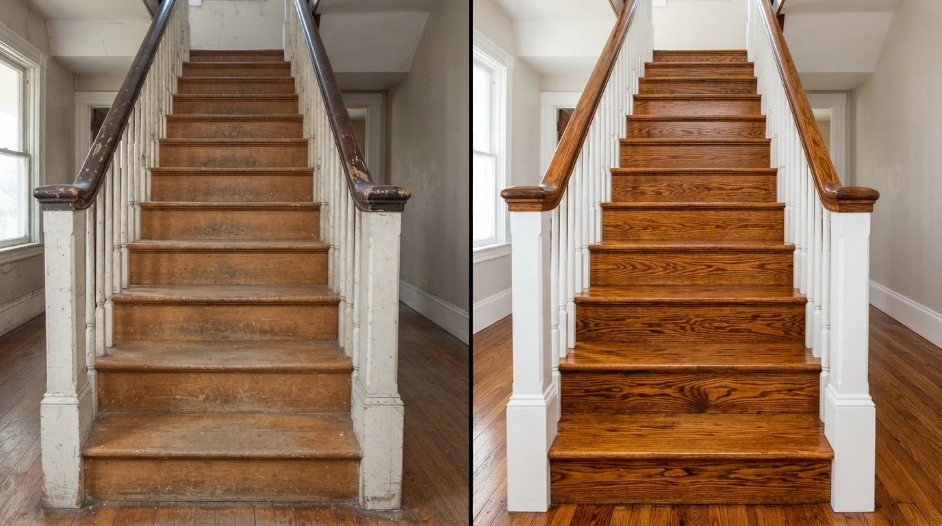 Before and after staining and refinishing comparison — worn faded wood versus richly stained refinished wood