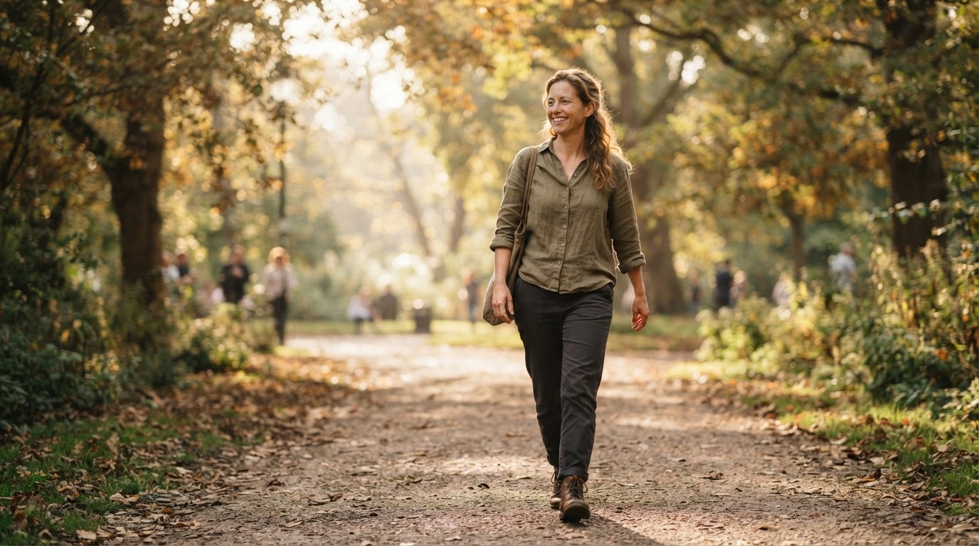 A person walking freely and comfortably through a sunlit park