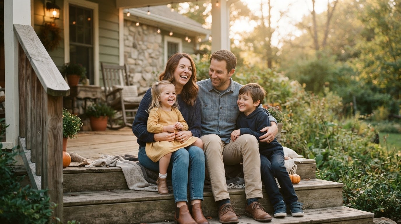 A family enjoying golden-hour light on their porch