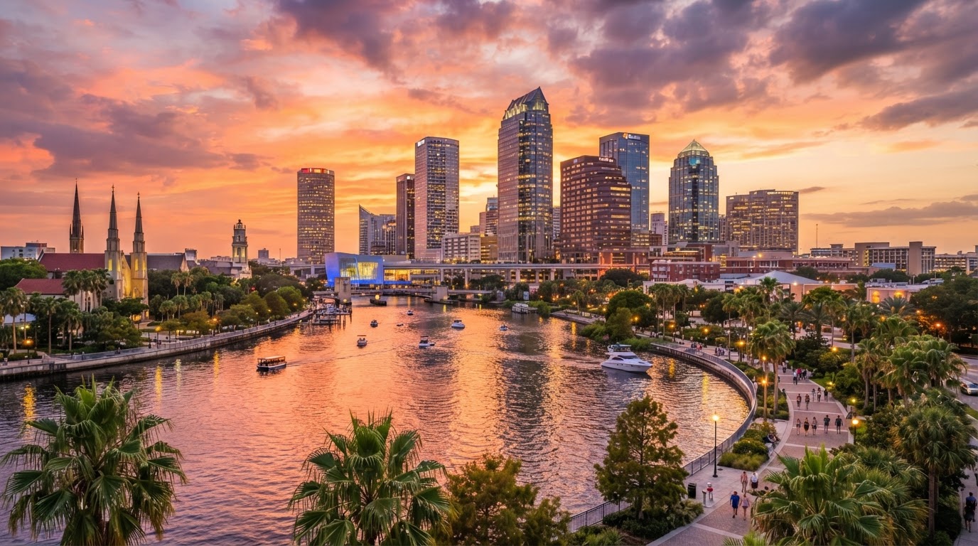 Downtown Tampa skyline and Hillsborough River waterfront at sunset