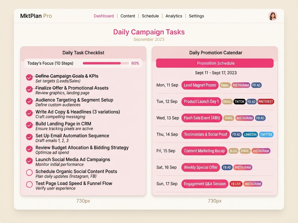 Preparation checklist and dated daily promotion plan with channels and results tracking