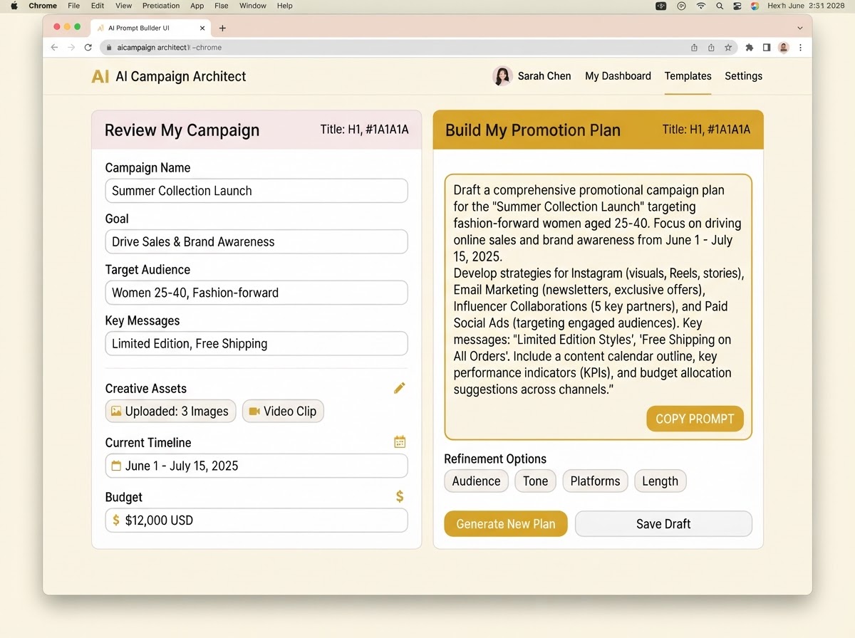 AI Prompt Studio with Review My Campaign and Build My Promotion Plan builders