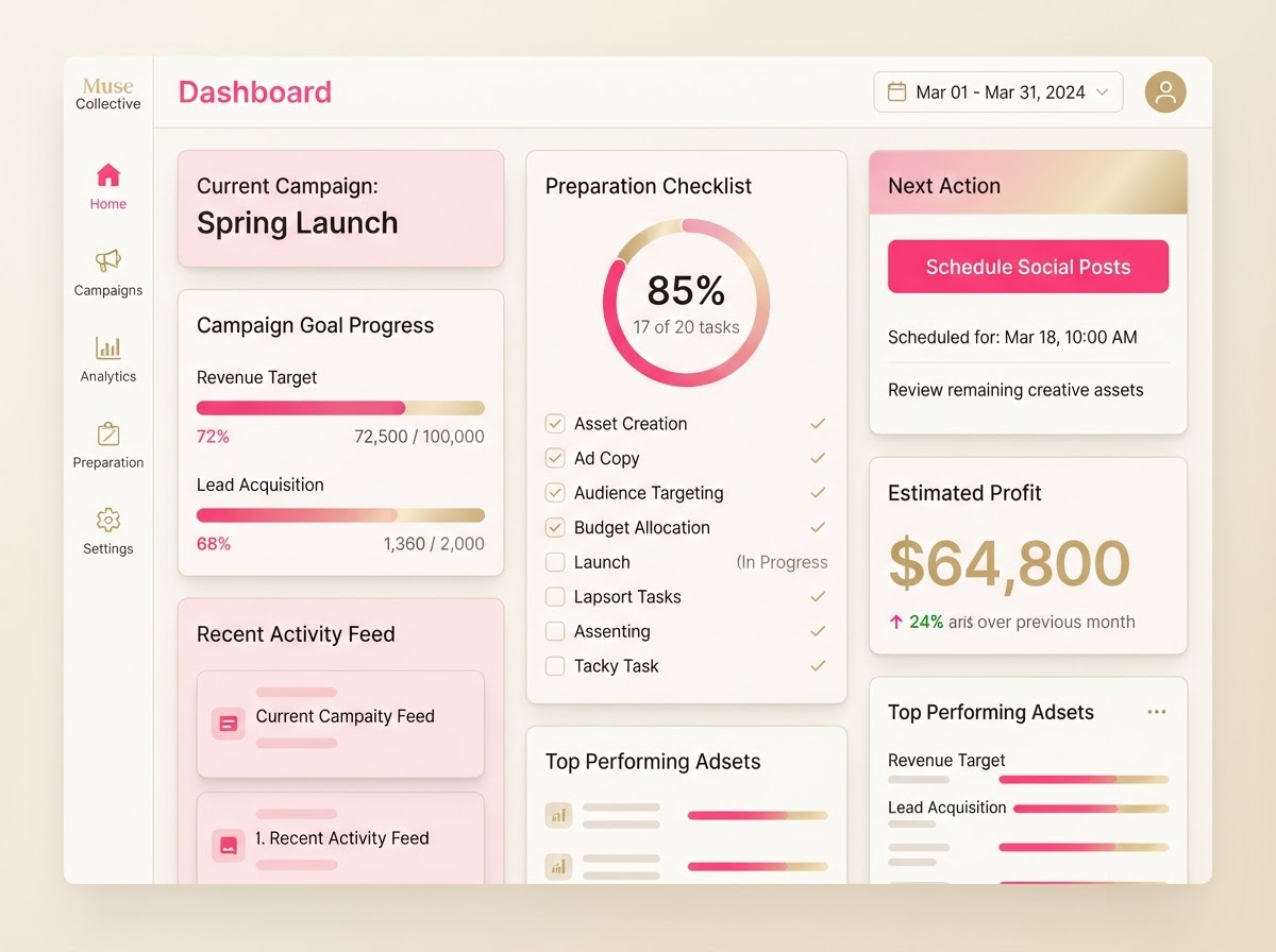 Command Center dashboard showing campaign goal progress and estimated profit