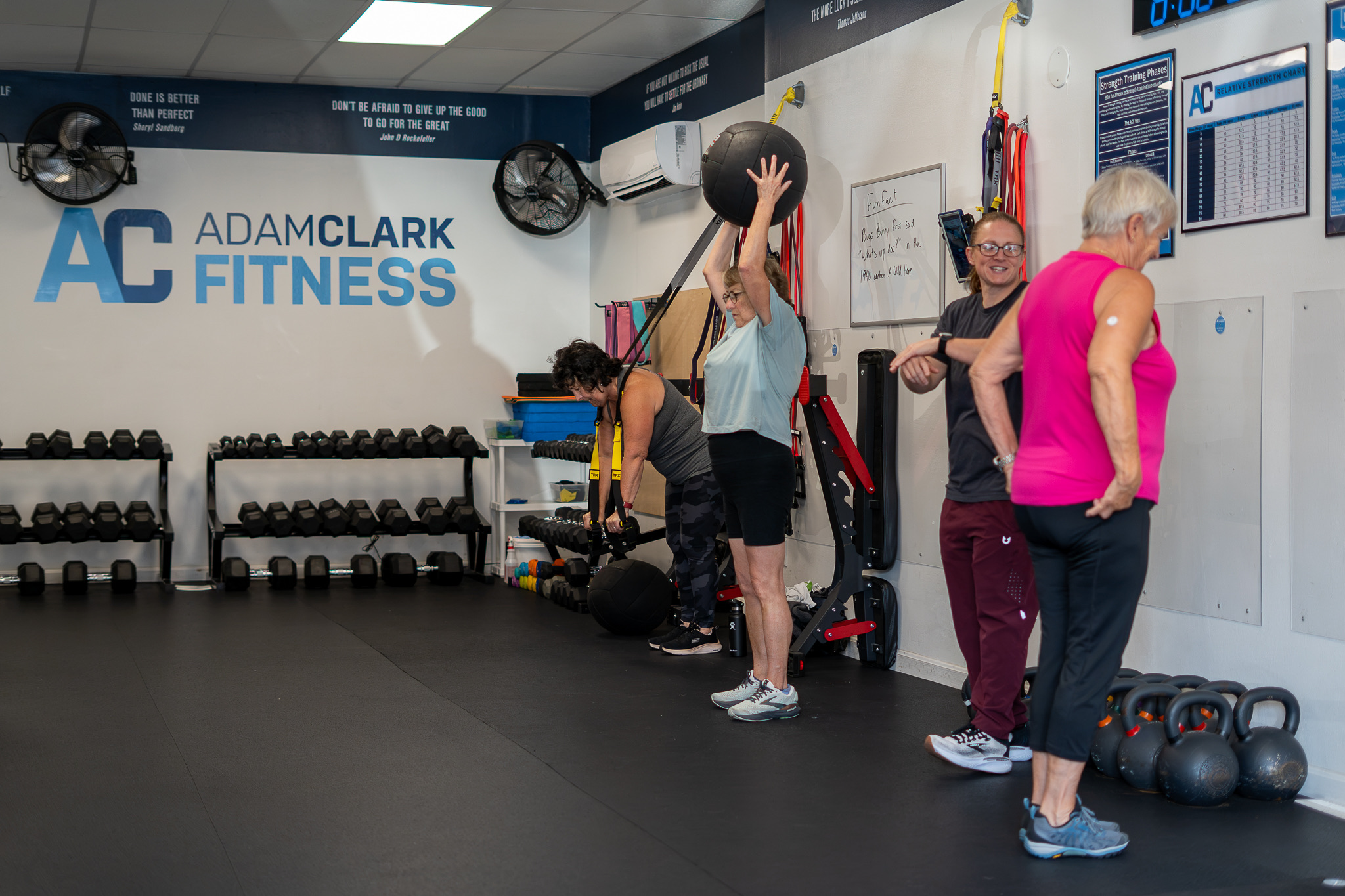 Members doing small-group strength and medicine ball training at Adam Clark Fitness, Brewer, ME