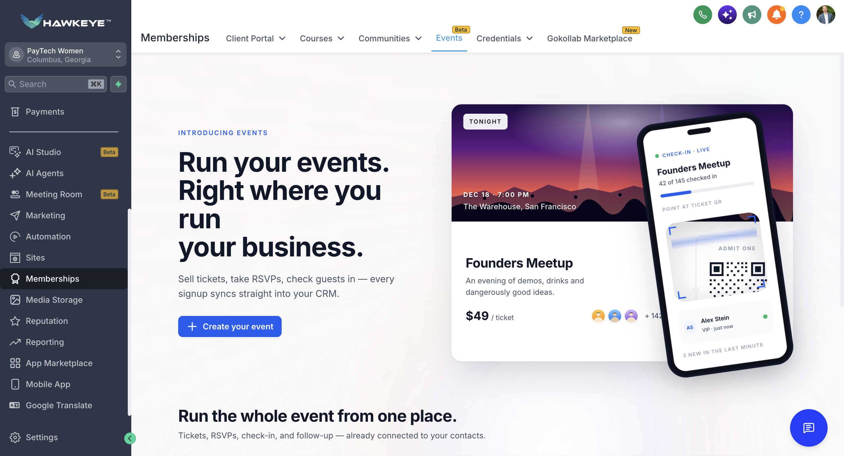 PayTech Women OS native Events management interface with live QR check-in and ticketing