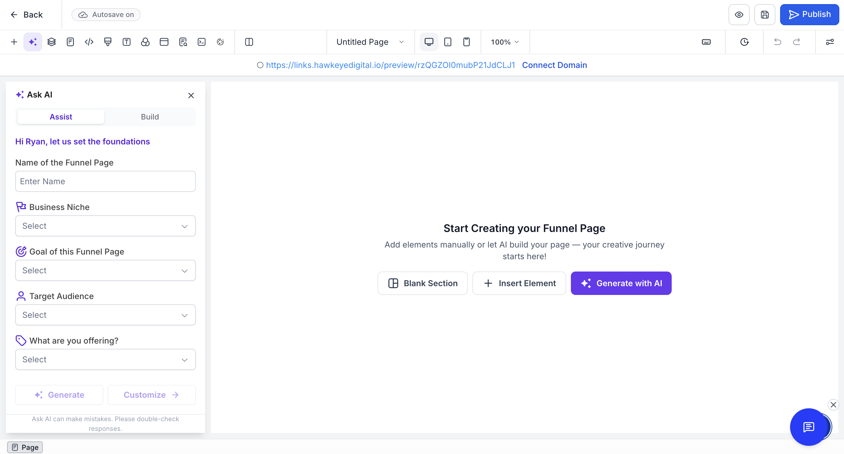 PayTech Women OS AI landing page and funnel builder interface with visual drag and drop editor