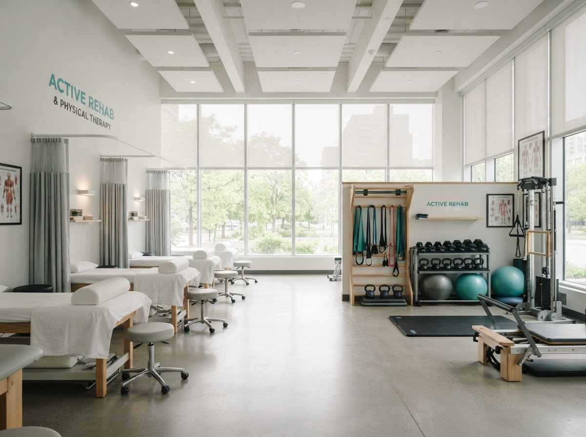 Interior of a bright, modern physical therapy clinic