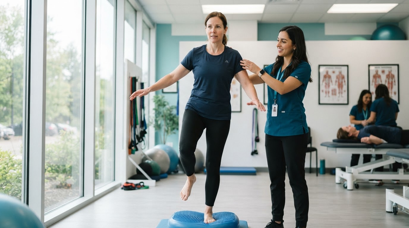 A physical therapy patient in active recovery, guided by a therapist in a bright clinic