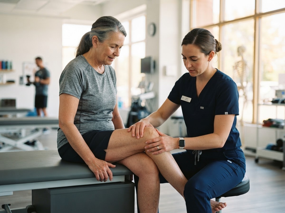 A physical therapist conducting a one-on-one movement assessment with a patient