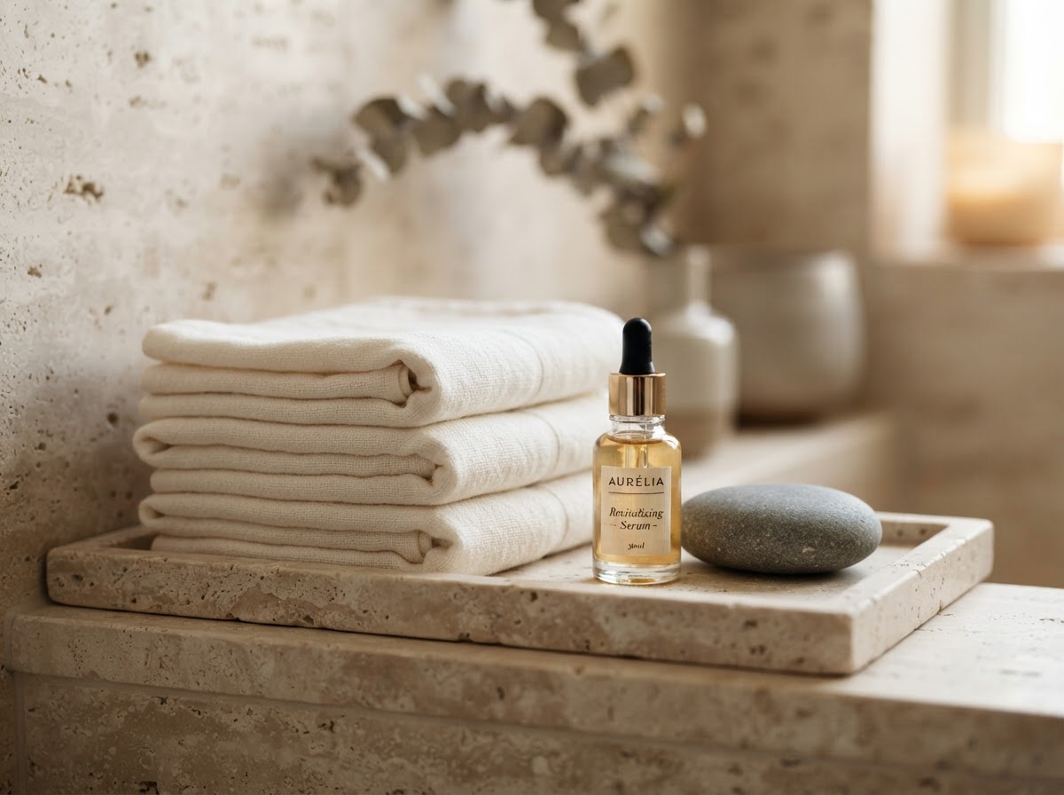 A still life of folded ivory linens and a serum bottle on a travertine tray