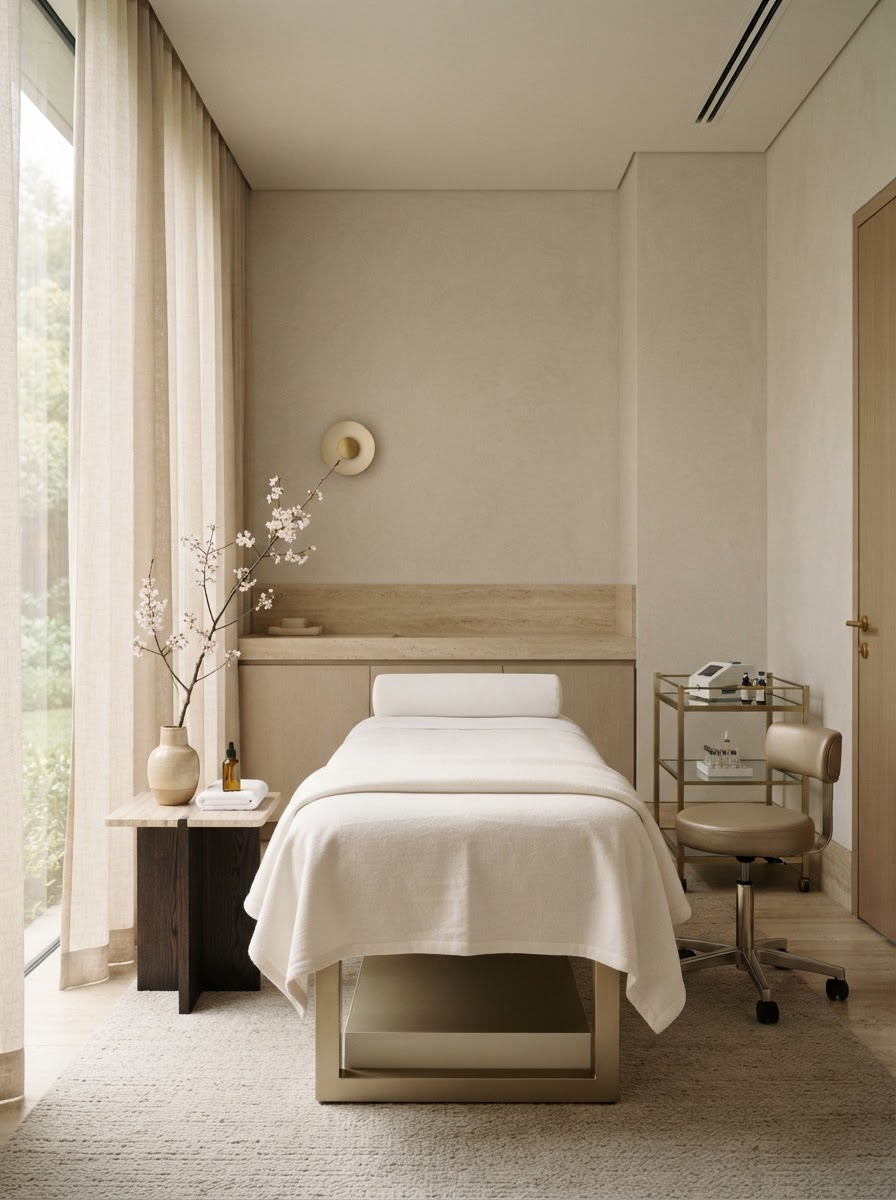 A serene treatment room at Maison Lumière with soft daylight and an upholstered treatment bed