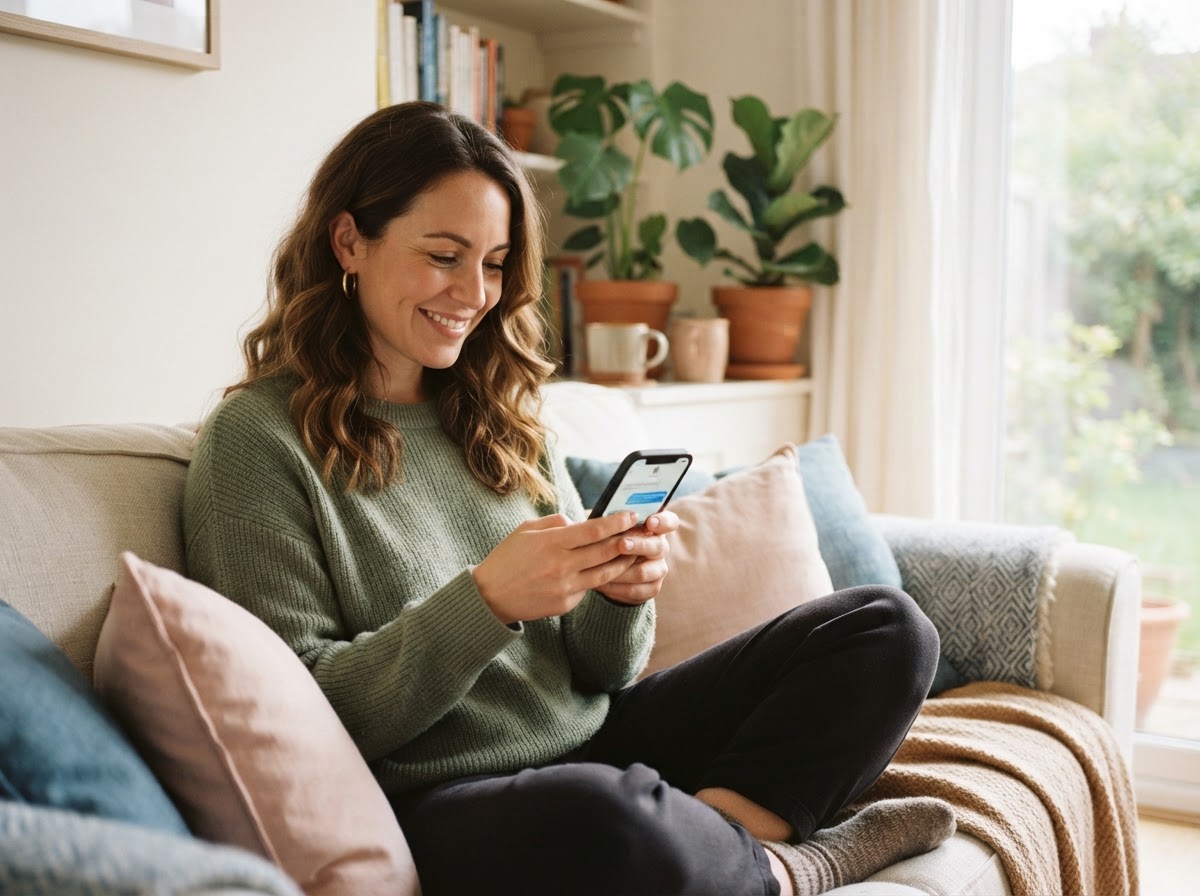 Prospective dental patient at home reading a follow-up message on a smartphone