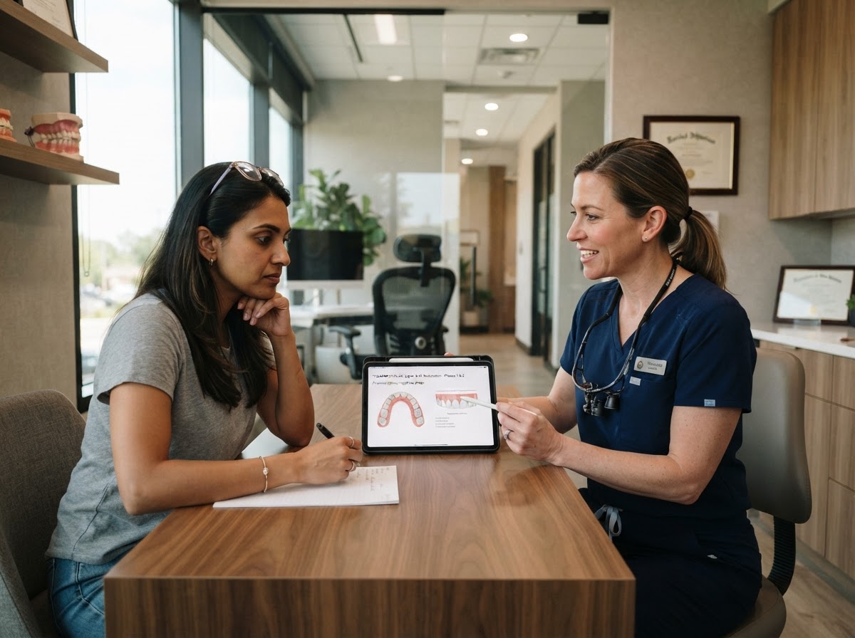 Dentist discussing a proposed treatment plan with a patient in a modern consultation room