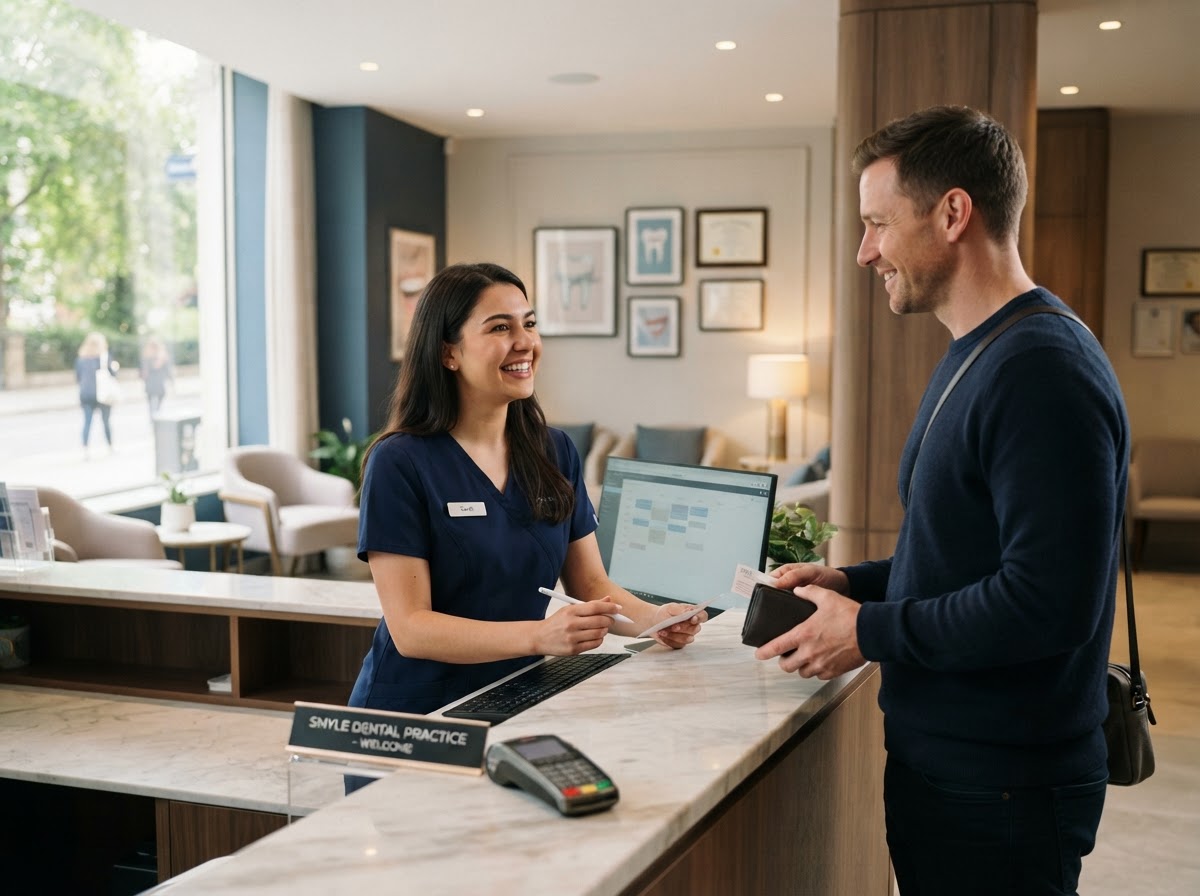 Dental receptionist arranging a consultation with a patient at a modern reception desk