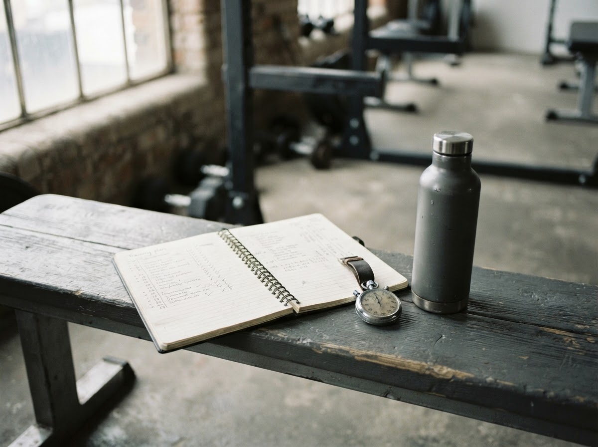 An open notebook on a gym bench with a handwritten training plan and stopwatch