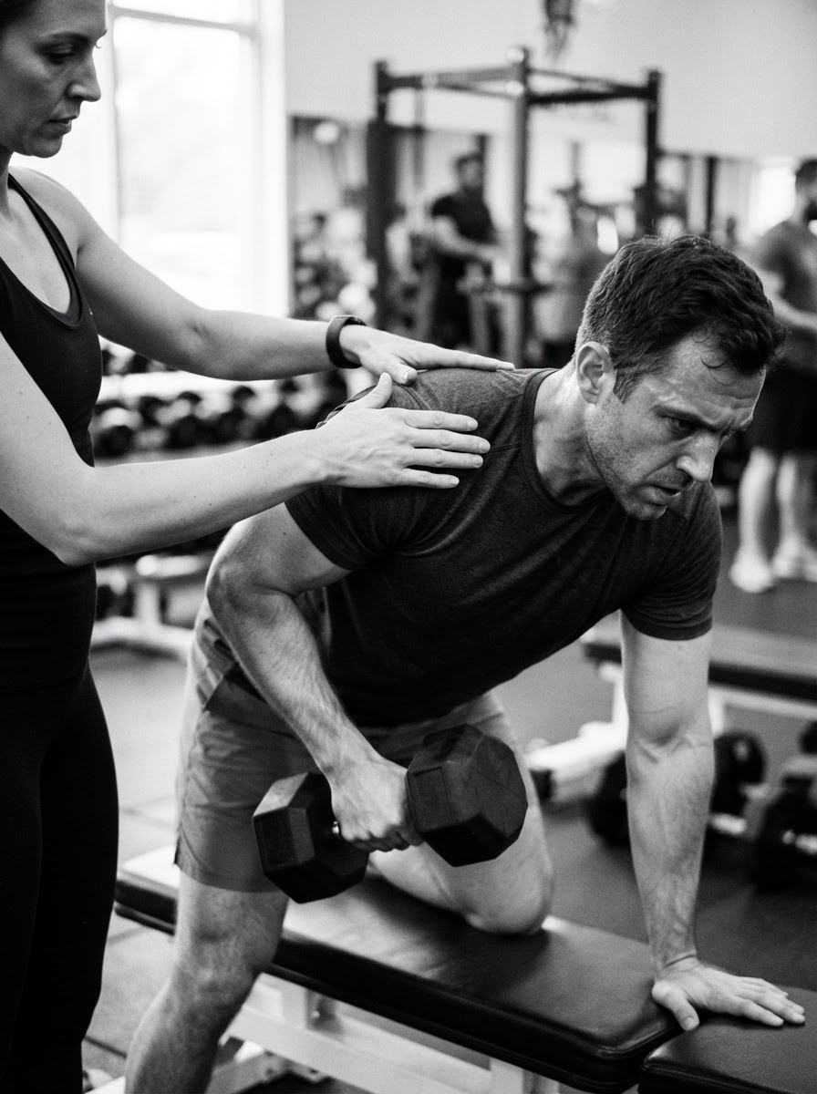 Close-up of a coach's hands adjusting a client's shoulder during a lift