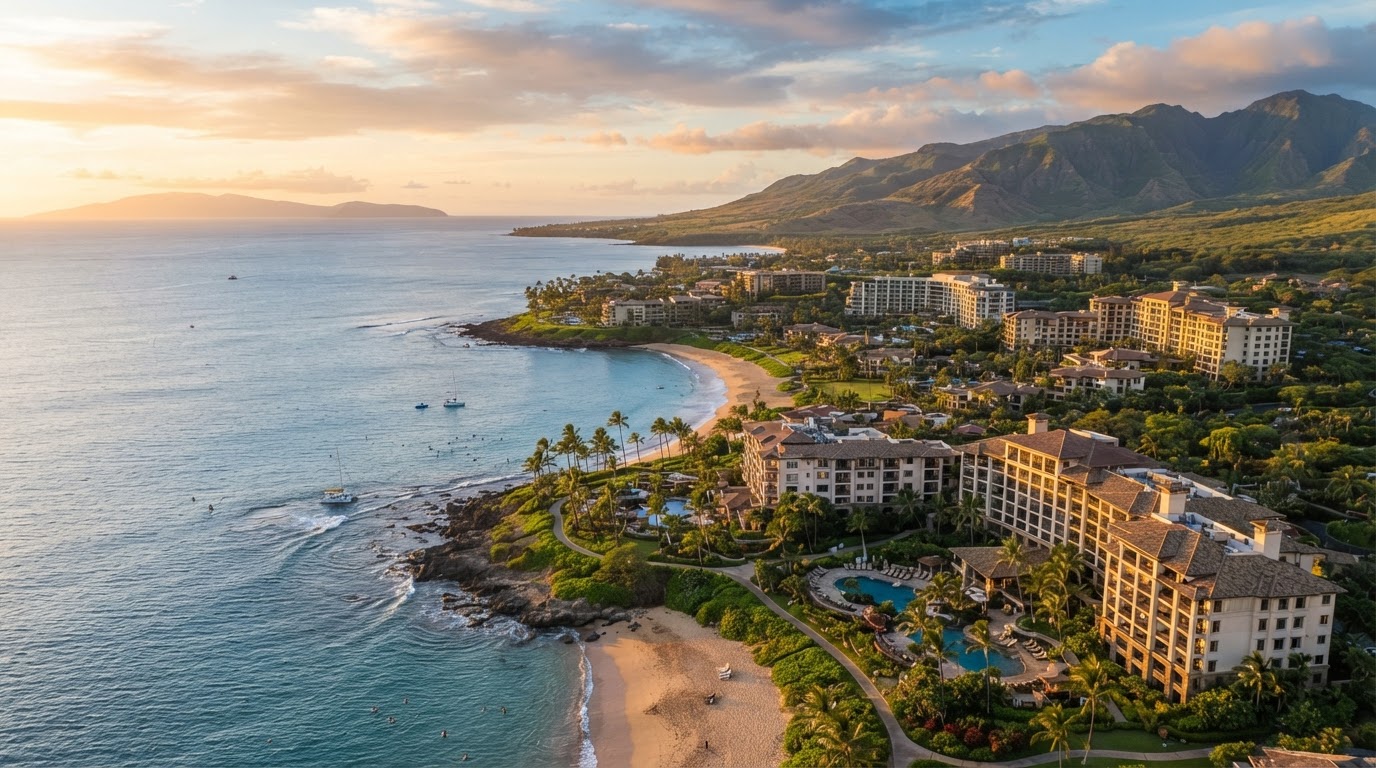 Aerial view of Maui luxury oceanfront condominium coastline