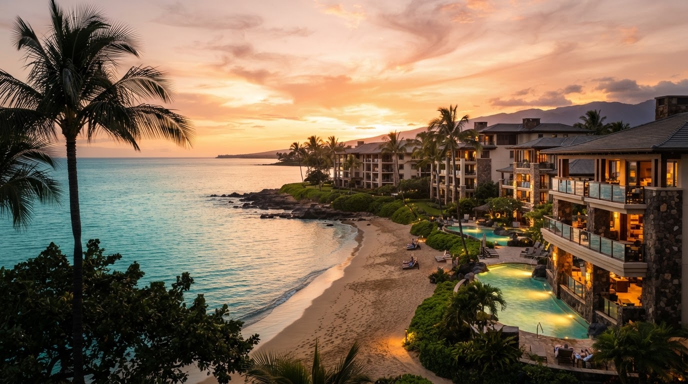 Maui oceanfront luxury coastline at golden hour