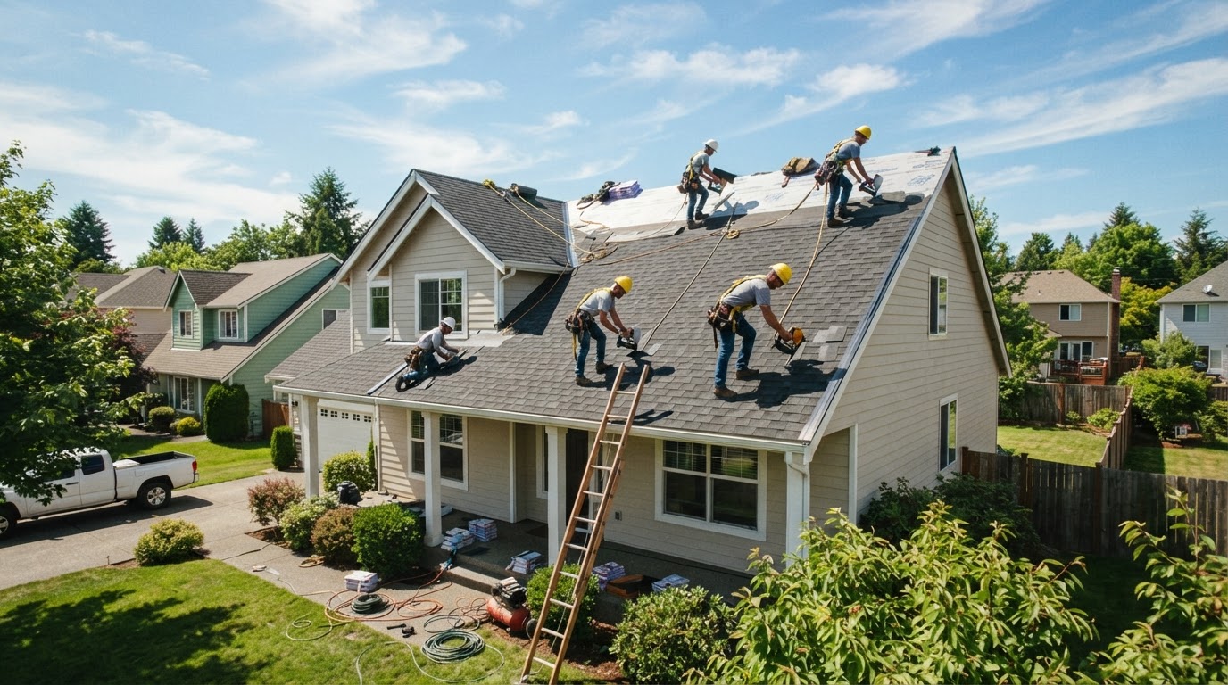 Roofing crew installing shingles on a Hot Springs home