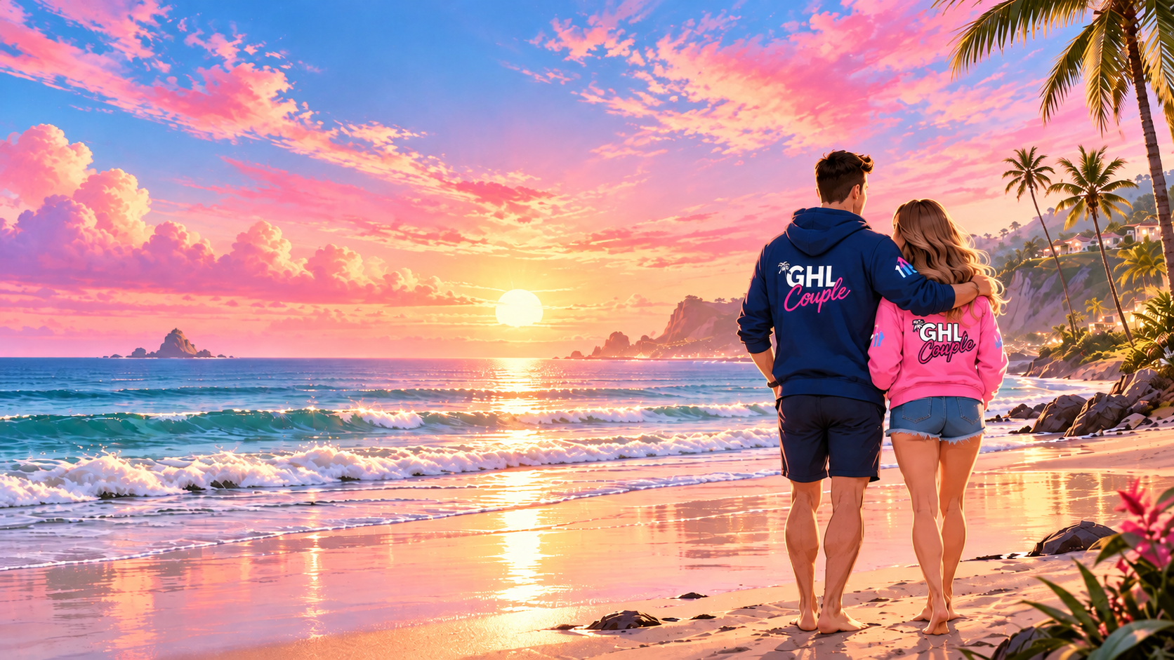 The GHL Couple walking on the beach at dawn watching the sunrise